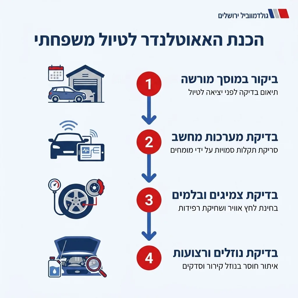 אינפוגרפיקה — הכנת האאוטלנדר לטיול משפחתי: ביקור במוסך מורשה, בדיקת מערכות מחשב, בדיקת צמיגים ובלמים, בדיקת נוזלים ורצועות