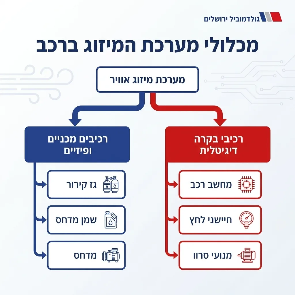אינפוגרפיקה — מכלולי מערכת המיזוג ברכב: מערכת מיזוג אוויר