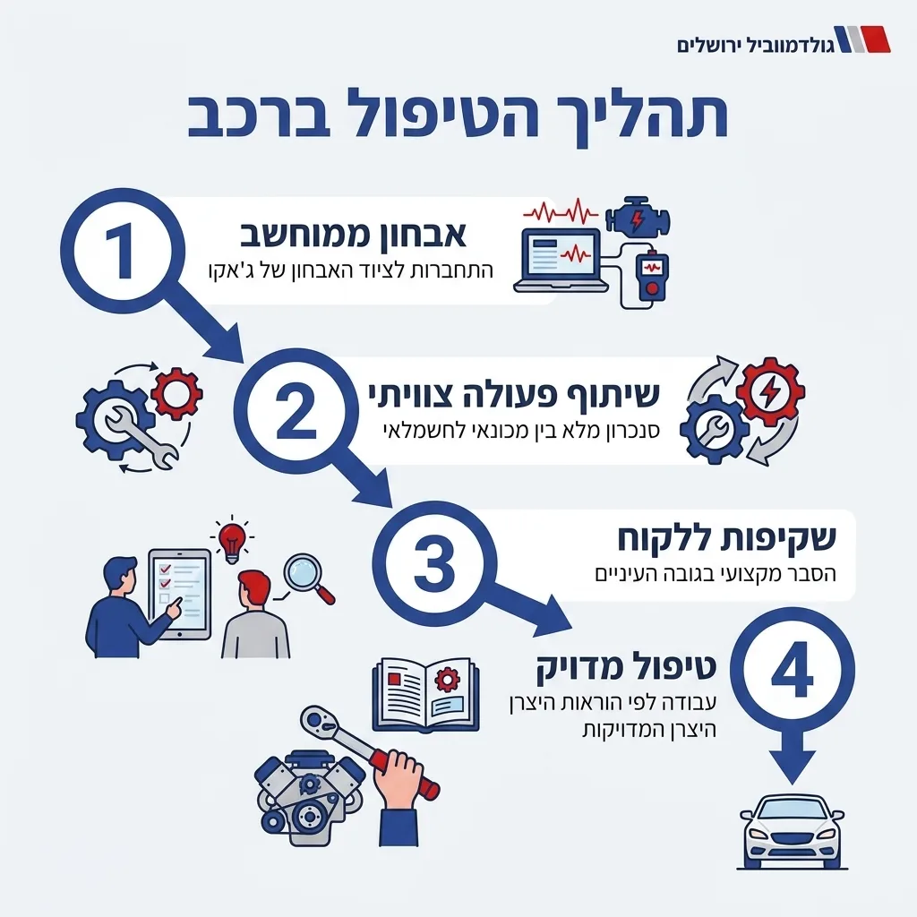 אינפוגרפיקה — תהליך הטיפול ברכב: אבחון ממוחשב, שיתוף פעולה צוויתי, שקיפות ללקוח, טיפול מדויק