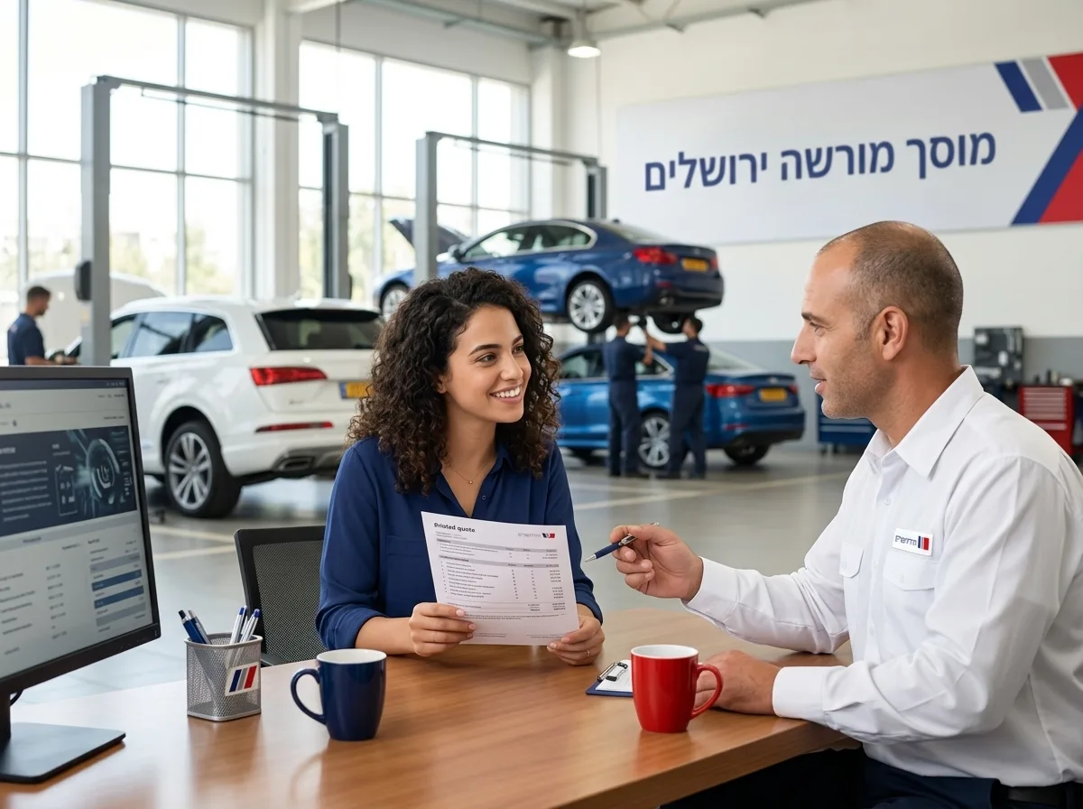 צילום פוטו-ריאליסטי של נהגת צעירה מחזיקה הצעת מחיר מודפסת ומדברת בחיוך עם יועץ שירות במוסך מואר, ברקע רכבים מטופלים, תאורה נעימה