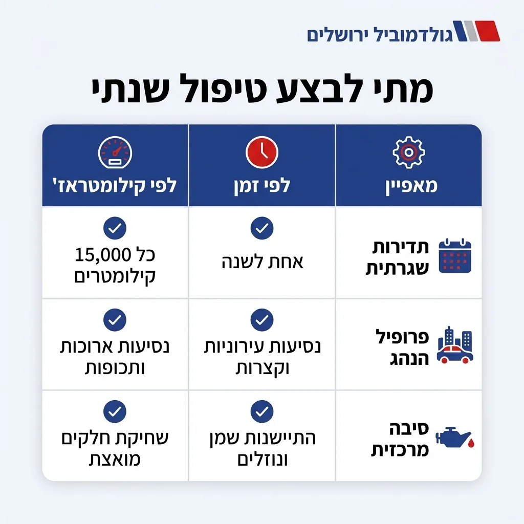 אינפוגרפיקה — מתי לבצע טיפול שנתי: השוואה בין לפי זמן, לפי קילומטראז