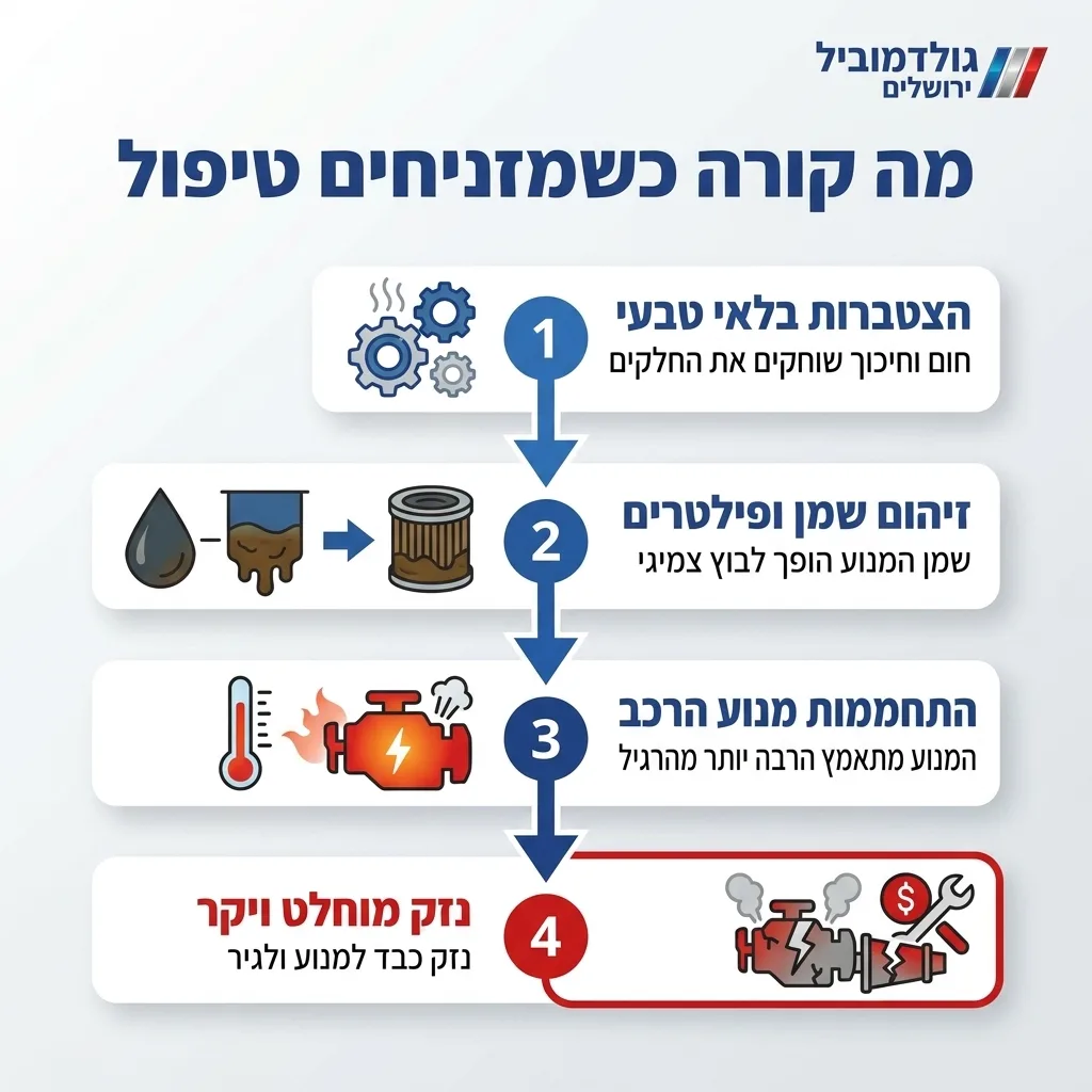 אינפוגרפיקה — מה קורה כשמזניחים טיפול: הצטברות בלאי טבעי, זיהום שמן ופילטרים, התחממות מנוע הרכב, נזק מוחלט ויקר
