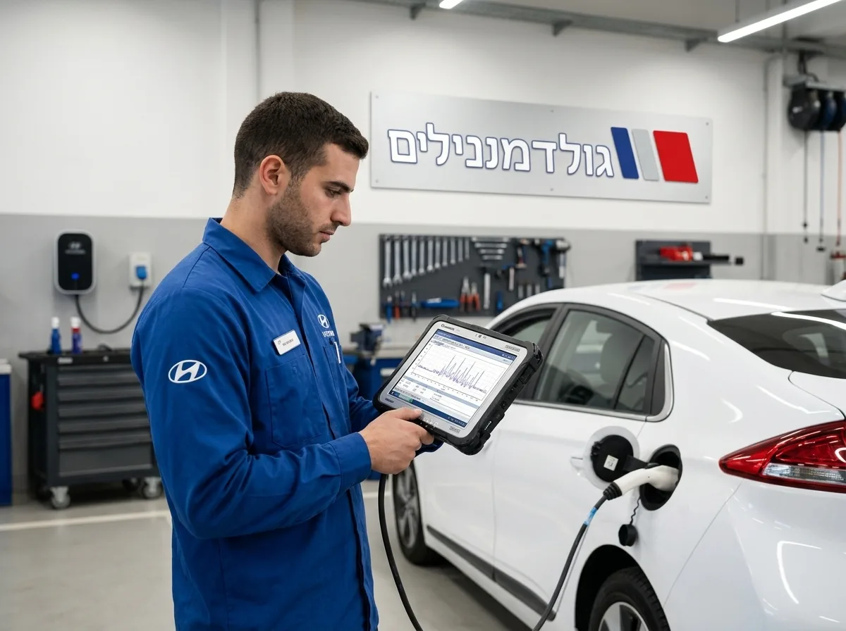 צילום ריאליסטי של טכנאי רכב בחולצת עבודה של יונדאי מחזיק טאבלט קשוח ומסתכל על מסך עם נתונים גרפיים, כשהוא עומד ליד רכב יונדאי איוניק מחובר לכבל אבחון, תאורה טבעית בתוך מוסך מודרני ונקי