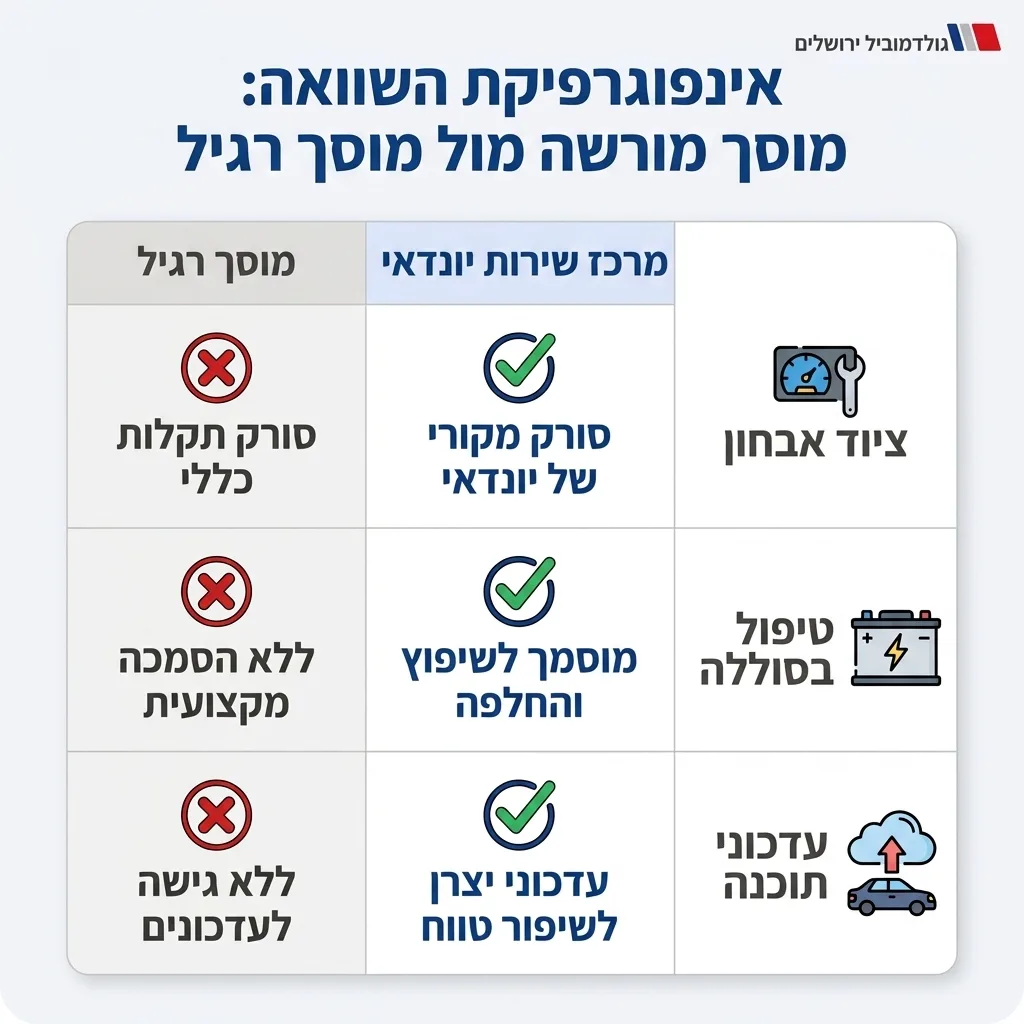 אינפוגרפיקה — מוסך מורשה מול מוסך רגיל: השוואה בין מרכז שירות יונדאי, מוסך רגיל