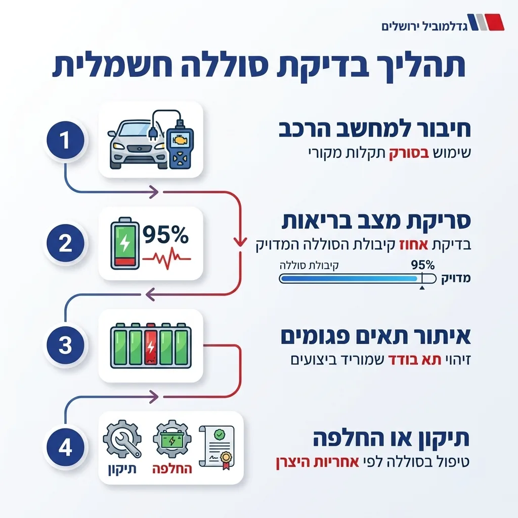 אינפוגרפיקה — תהליך בדיקת סוללה חשמלית: חיבור למחשב הרכב, סריקת מצב בריאות, איתור תאים פגומים, תיקון או החלפה