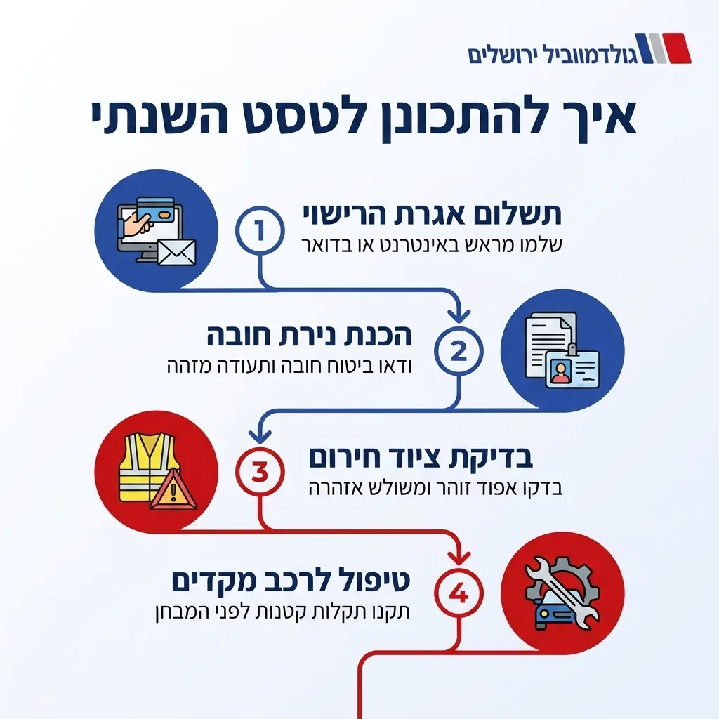 אינפוגרפיקה — איך להתכונן לטסט השנתי: תשלום אגרת הרישוי, הכנת ניירת חובה, בדיקת ציוד חירום, טיפול לרכב מקדים