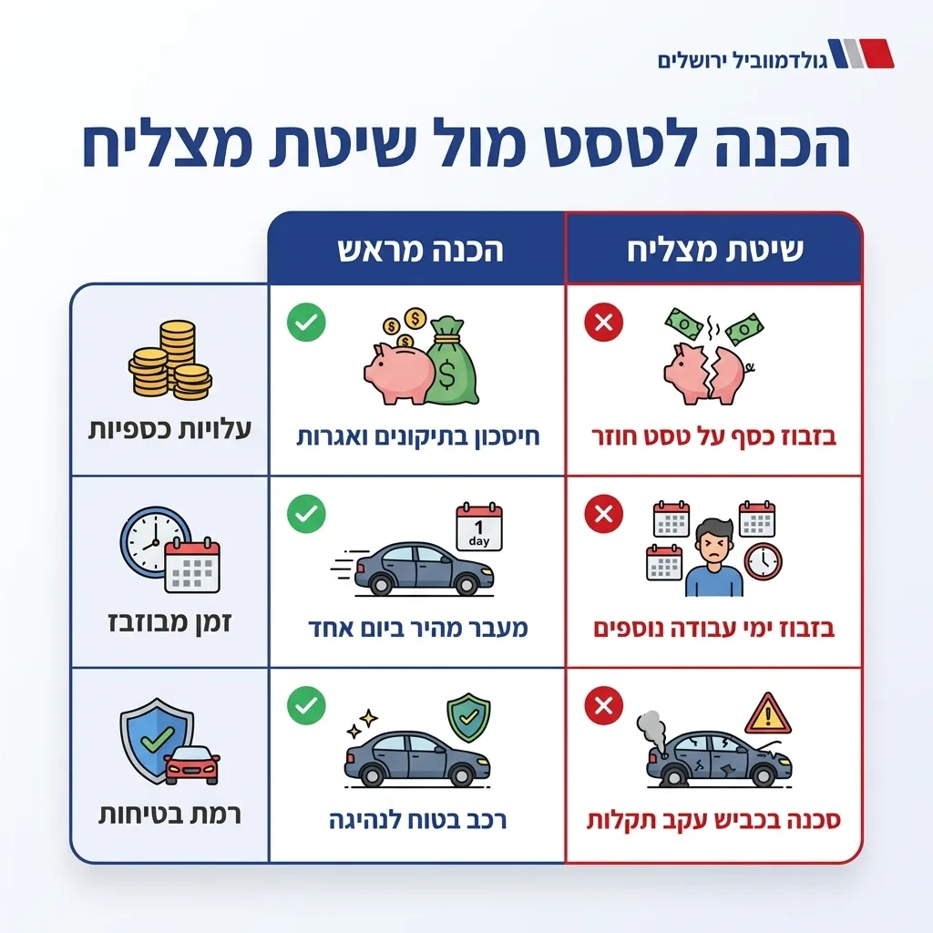 אינפוגרפיקה — הכנה לטסט מול שיטת מצליח: השוואה בין הכנה מראש, שיטת מצליח