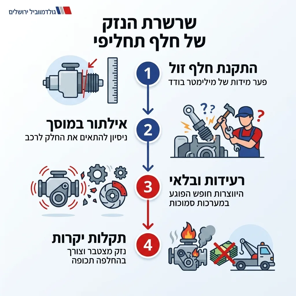 אינפוגרפיקה — שרשרת הנזק של חלף תחליפי: התקנת חלף זול, אילתור במוסך, רעידות ובלאי, תקלות יקרות
