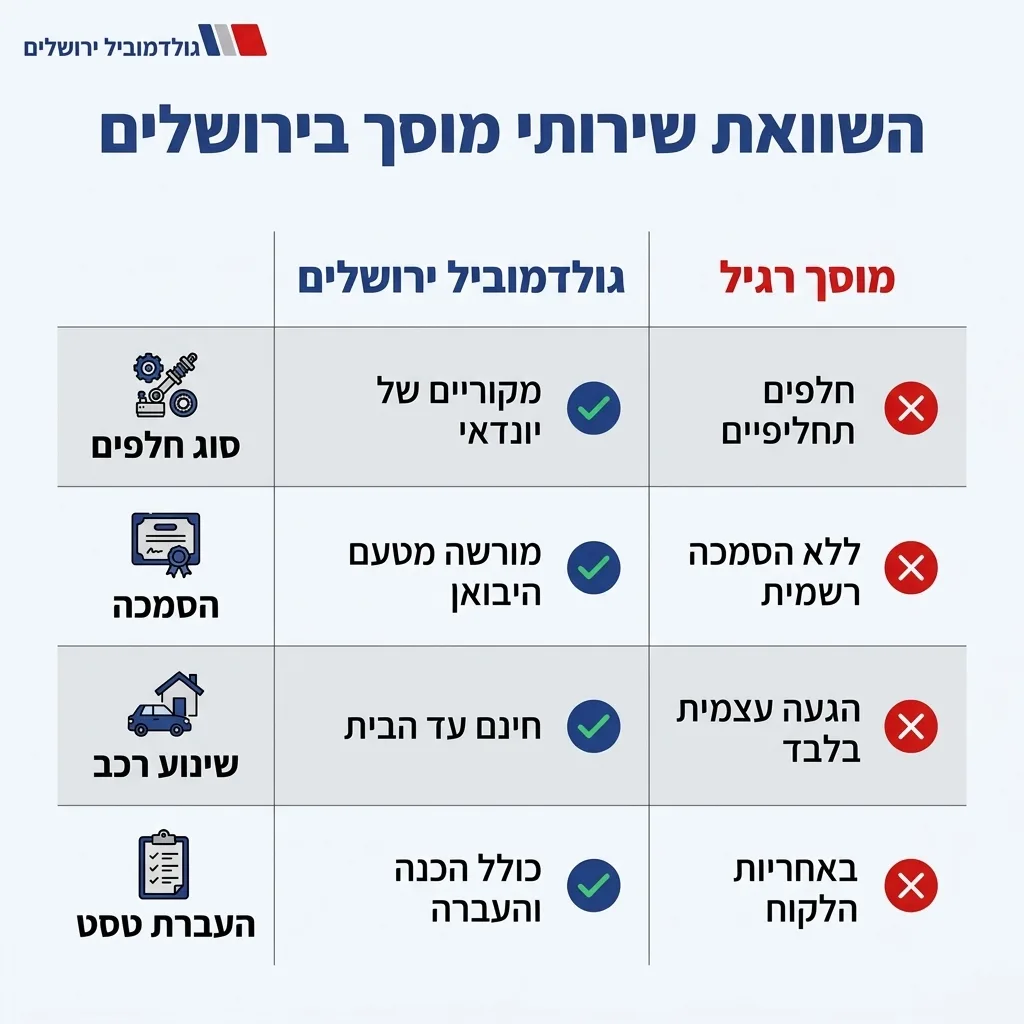 אינפוגרפיקה — השוואת שירותי מוסך בירושלים: השוואה בין גולדמוביל ירושלים, מוסך רגיל
