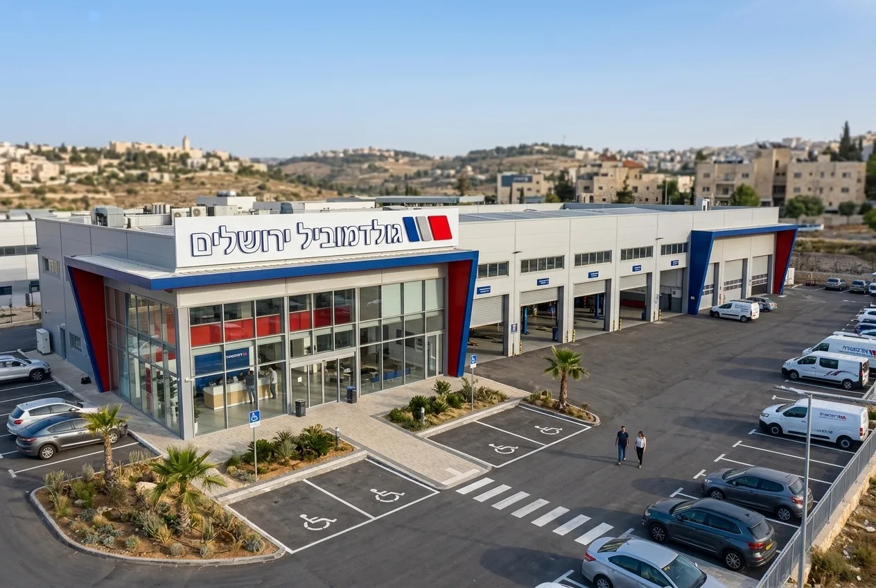 צילום חיצוני ורחב של מרכז השירות באור יום, מדגיש חניה מרווחת ונגישות.