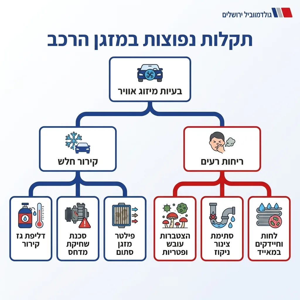 אינפוגרפיקה — תקלות נפוצות במזגן הרכב: בעיות מיזוג אוויר