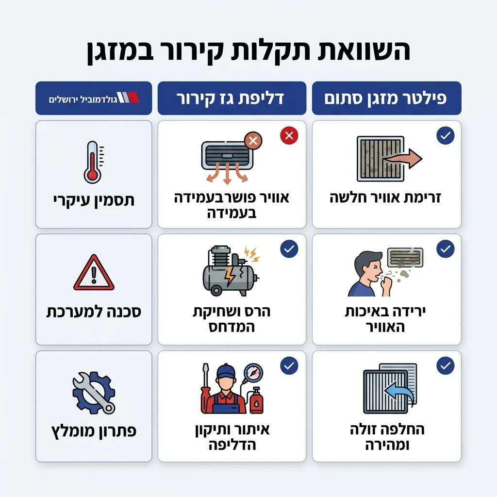 אינפוגרפיקה — השוואת תקלות קירור במזגן: השוואה בין דליפת גז קירור, פילטר מזגן סתום