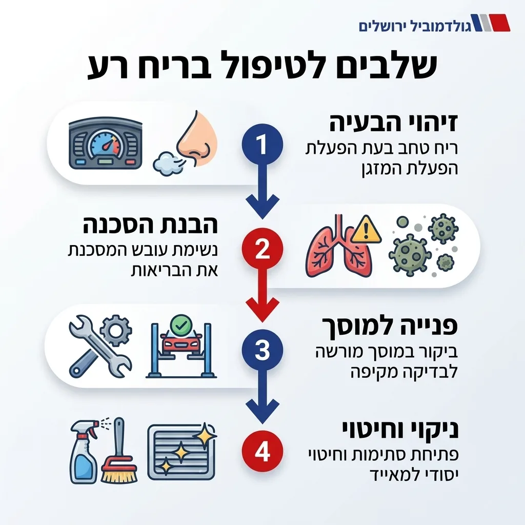 אינפוגרפיקה — שלבים לטיפול בריח רע: זיהוי הבעיה, הבנת הסכנה, פנייה למוסך, ניקוי וחיטוי