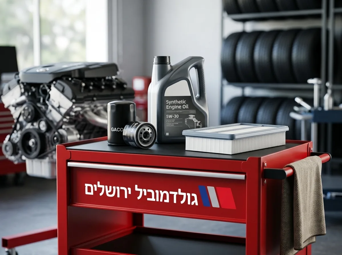 צילום קרוב של חלקי חילוף מקוריים של ג'אקו מסודרים על עגלת כלים אדומה במוסך, כולל פילטר שמן שחור, בקבוק שמן סינתטי, ומסנן אוויר נקי