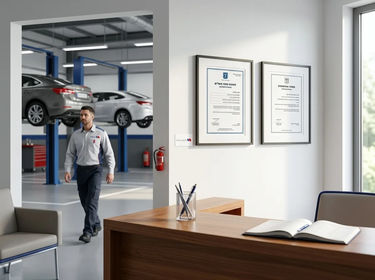 צילום ריאליסטי של תעודות רישוי ממוסגרות ותלויות על קיר לבן ונקי במשרד קבלה מואר של מוסך, תאורה טבעית, פוקוס חד
