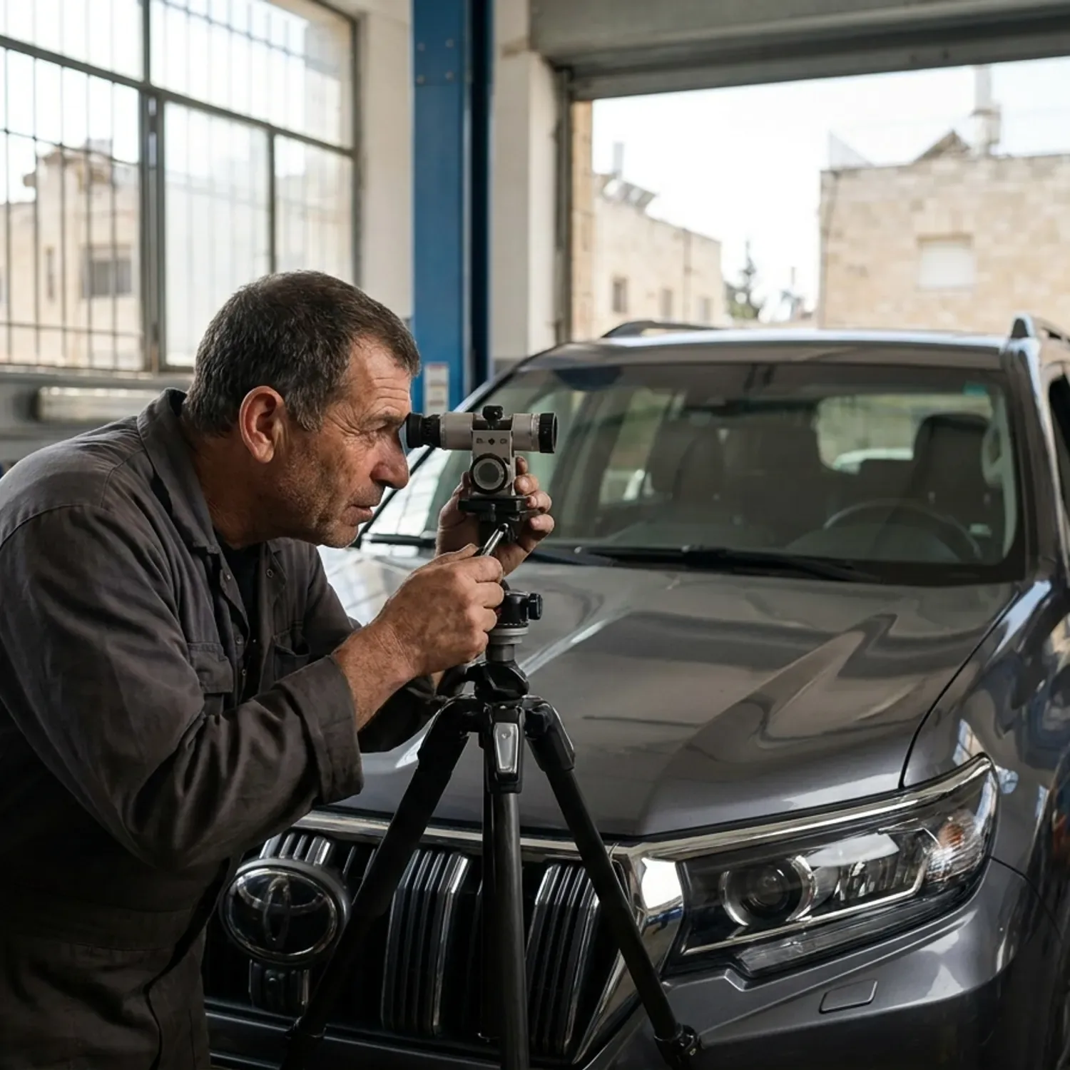צילום מציאותי של מכונאי רכב ישראלי בבגדי עבודה נקיים ללא סמלים או טקסט, עומד מול חזית של רכב פנאי שטח מודרני במוסך מואר בירושלים, ומכוון מתקן כיול אופטי מול המצלמה והמכ
