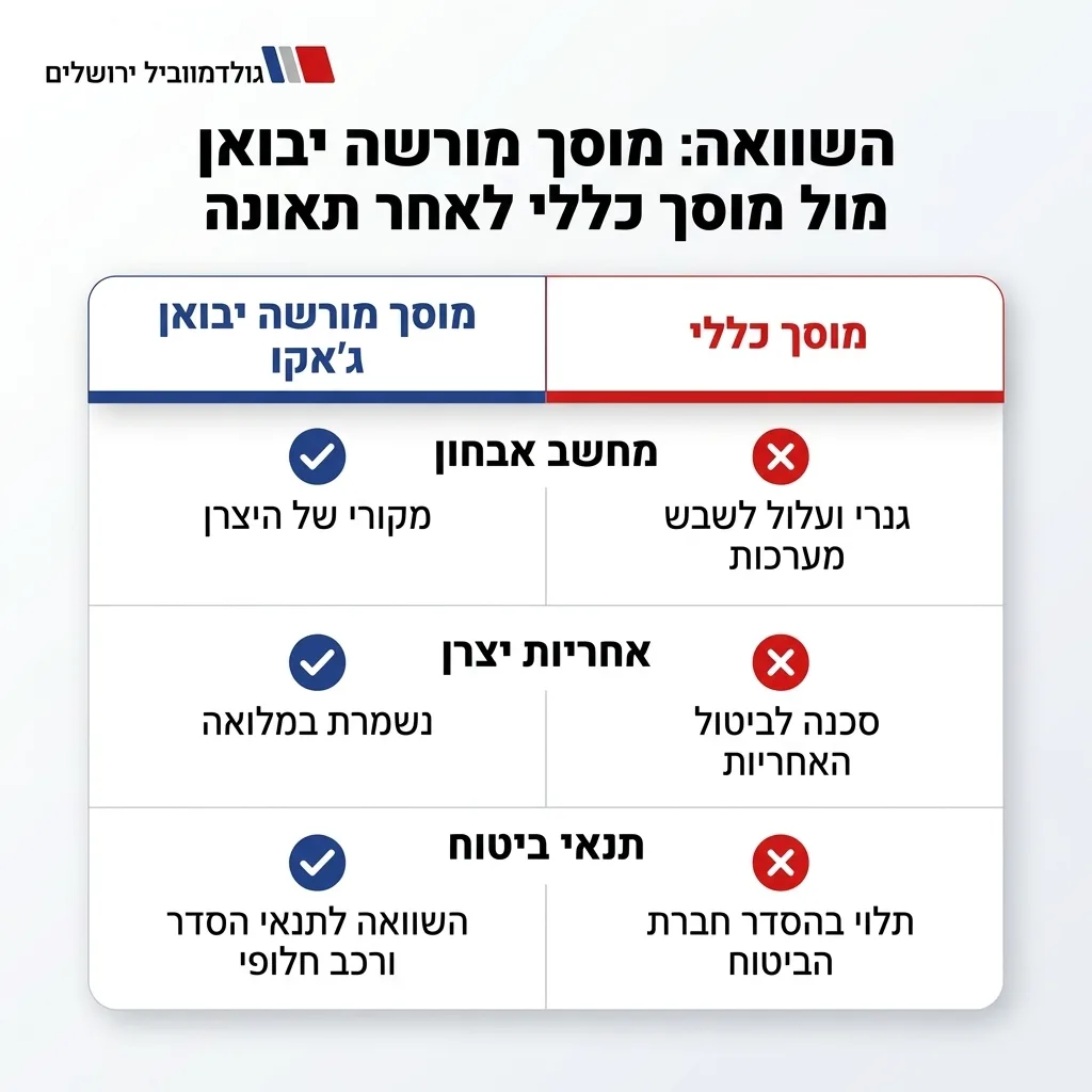אינפוגרפיקה — מוסך מורשה יבואן מול מוסך כללי לאחר תאונה: השוואה בין מוסך מורשה ג'אקו, מוסך כללי